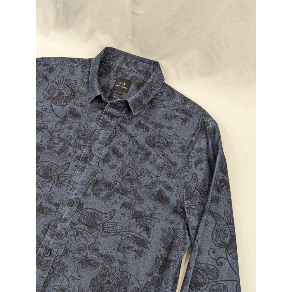 Armani Exchange Shirt Mens Small Blue Paisley Floral Print Button Up Long Sleeve